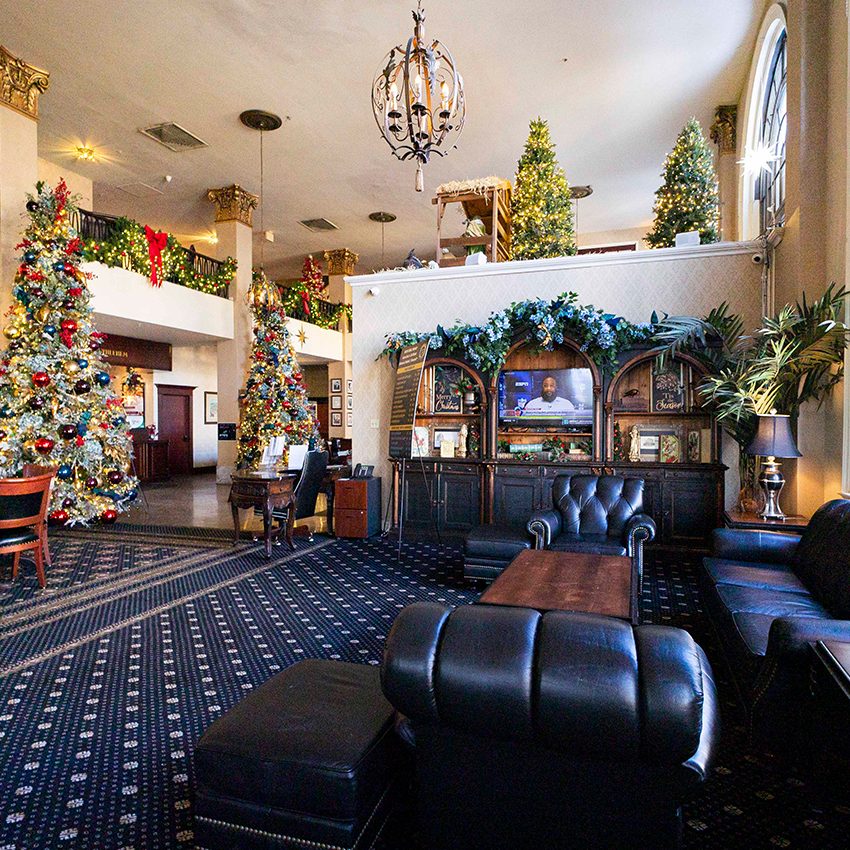 The lobby of Hotel Bethlehem, decorated for the holidays